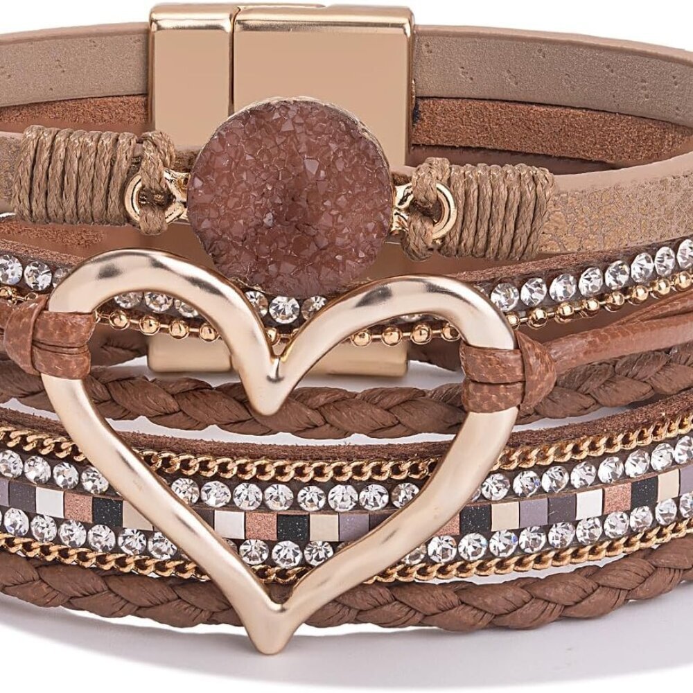 Heart Leather Wrap Bracelets Stackable Boho Cuff Bangles Trendy Resin Stone Rhin